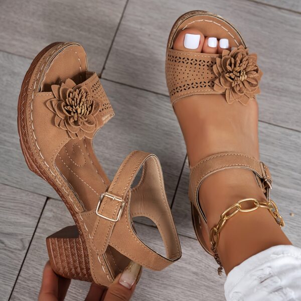 Women’s Floral Wedge Sandals - Peep Toe, Ankle Strap Platform Shoes with 7.62-10.16 cm Heel Brown, Blue & Black - Comfortable Summer Footwear for Casual or Outdoor Wear - Image 13
