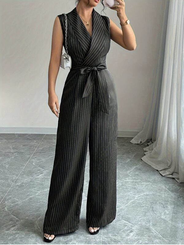 Elegant Striped Sleeveless Jumpsuit for Women - V-Neck, Belted Waist, Wide-Leg Pants, Casual Yet Chic Summer Outfit, White with Black Stripes, Belted Waist Jumpsuit - Image 3