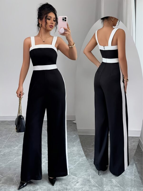 Elegant Color Block Square Neck Sleeveless Jumpsuit for Women - High Waist Wide-Leg Pants with Contrast Trim, Black & White Striped Design, Perfect for Summer Commute or Casual Outings, Office Chic Outfit, Highwaisted Jumpsuit, Stylish Outfit, Quality Fabric