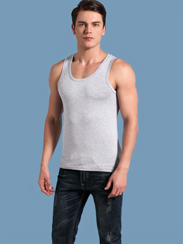 5pcs Men's White Sleeveless Tank Tops - Slim Fit Narrow Shoulder Design, Breathable Fabric for Gym, Workouts & Casual Wear, Round Neck Solid Color Athletic Shirts, Gym Shirt, Everyday Comfort, Sleek Fit, Smooth Texture, Fitness Apparel, Minimalist Style, Lightweight Material, Fitted Top, Fitness Enthusiasts - Image 3