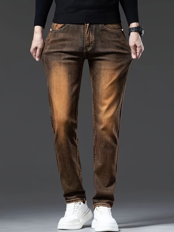 Men's Denim Pants Elastic Simple Denim Long Pants Slimming and Shaping Men's Dark Brown Clothing Multi-Process Men's Pants, Suitable for All Seasons - Image 3