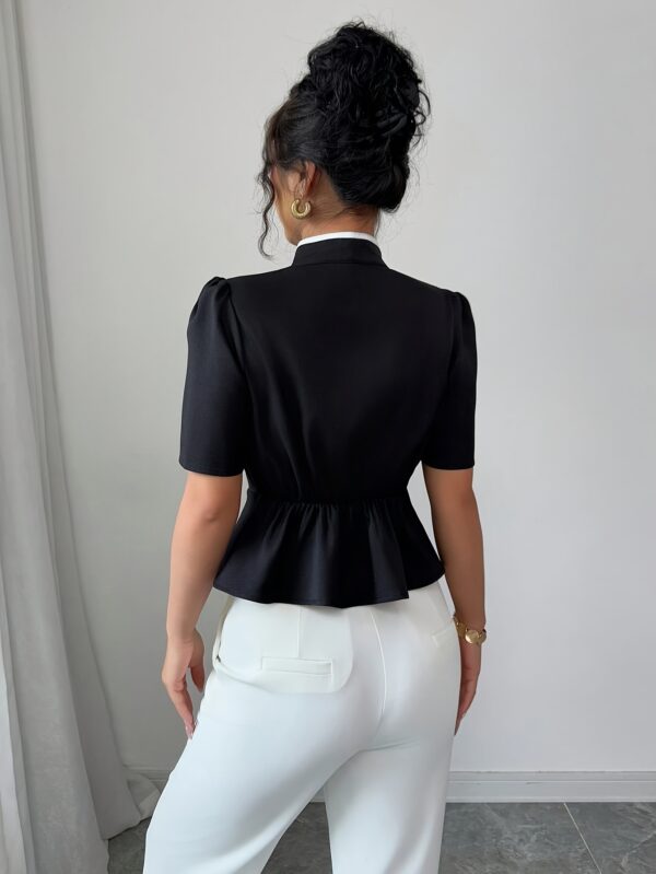 Elegant Chinese-Inspired Women's Shirt with Stand-Up Collar & Contrast Decorative Buttons - Solid Black, Machine Washable, Tailored Fit for Spring Summer Fall, Versatile for Casual & Formal Wear, Seasonal Fashion, Chineseinspired Design, Sophisticated Detailing - Image 2