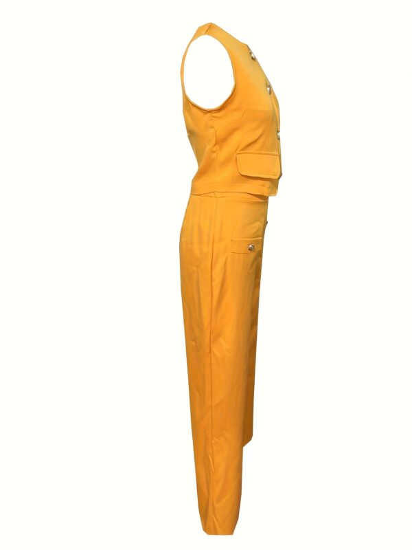 Women'S Mustard Yellow Sleeveless Jumpsuit with Button Details - Stylish Wide-Leg Pants, Polyester Fabric, Perfect for Casual or Formal Events, Casual Attire | Stylish Jumpsuit | Polyester Jumpsuit - Image 5
