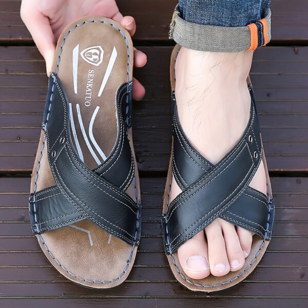 Plus Size Men's Open Toe Breathable Cross Straps Slippers, Comfy Non Slip Rubber Sole Top Grain Leather Upper Beach Water Shoes, Summer