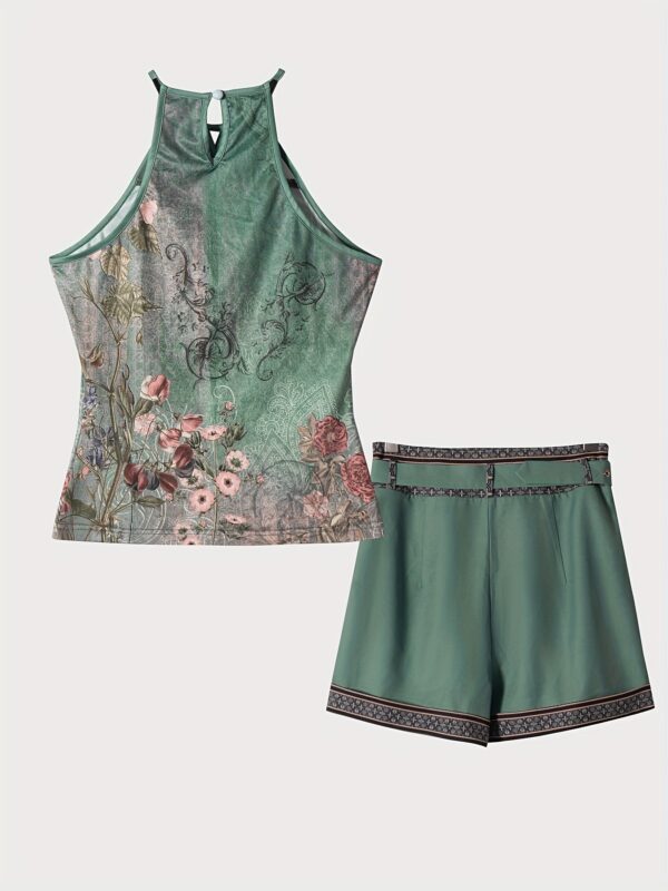 Women'S Elegant Commuter Outfit: Floral Print Top with a Two-Piece Set, Including a Vest And Solid Color Shorts, Perfect for Spring And Summer. - Image 3