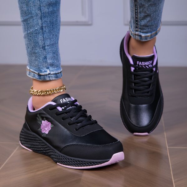 Women'S Black Sneakers with Pink Rose Embroidery - Lightweight, Soft Sole, Comfortable Lace-Up Low Top Sneakers, All-Season Outdoor Shoes, Stabilizing Support, Microfiber Leather Upper, EVA Sole, Fabric Lining, Allseason Sneakers | Rose Embroidery Sneakers | Comfortable Footwear - Image 2