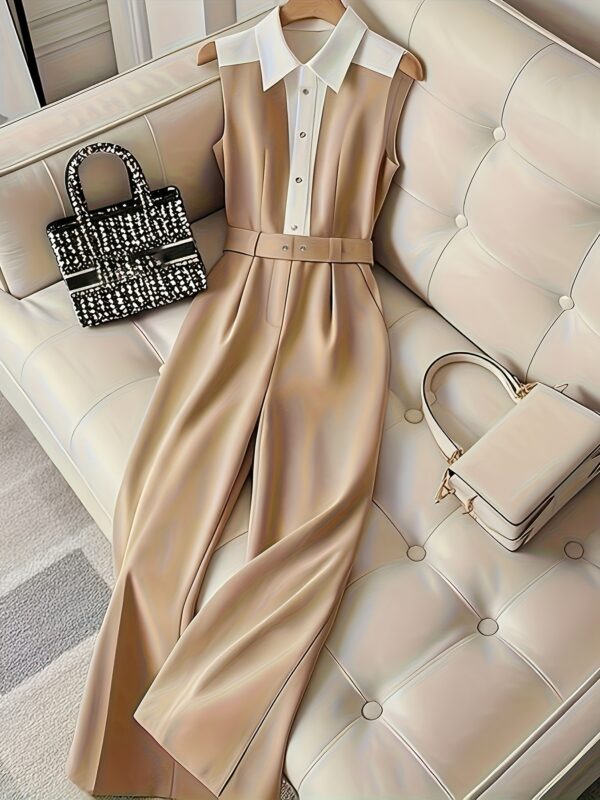 Elegant Khaki & White Contrast Jumpsuit with Lapel Collar and Wide Legs - Chic Adult Women'S Dress for Spring/Summer/Fall, Polyester Blend, Machine Washabl