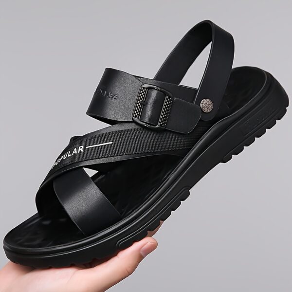 Men's Slip-On Sandals - Soft Cushioned Insole & Arch Support - PU Beach Shoes for Driving, Outdoor, Casual - Wide Width Available - Black - Easy-Clean Summer Footwear, Comfortable Driving Shoes, Sleek Strap Design, Breathable Material - Image 9