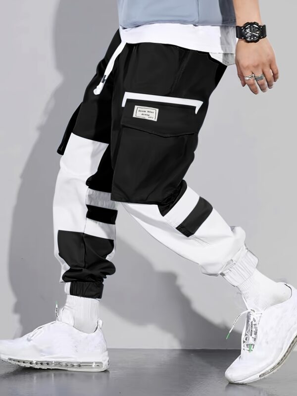 Men's Color Blocking Cargo Pants with Multi Pockets, Casual Drawstring Trousers for Outdoor Activities - Image 10