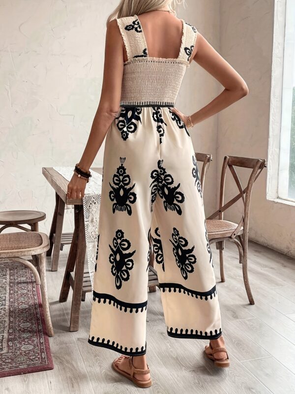 Women'S Casual Summer Jumpsuit - Square Neck, Wide Leg, Floral Print, Beige with Black Accents, Polyester, Perfect for Vacation and Leisure, Casual Summer Wear|Floral Print Jumpsuit|Polyester Fabric - Image 3