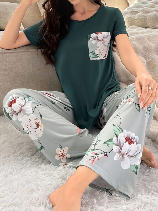 Women's Floral Print Casual Pajama Set, Short Sleeve Round Neck Top & Pants, Comfortable Relaxed Fit