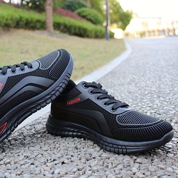 Men's Sneakers - Low-Top Running Sneakers with Cushioned Rubber Sole, Lace-Up Gym Shoes for Gym, Jogging, Everyday - Black PU Upper & Non-Slip Outsole - Lightweight Stability for Casual & Athletic Wear, Jogging Footwear, Sleek Sneaker Design, Breathable Interior Lining - Image 5