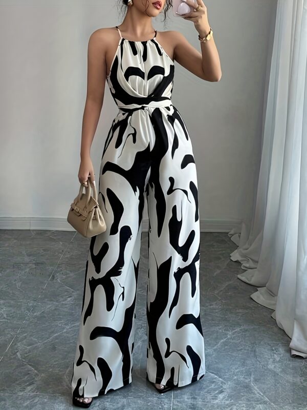 Women's Elegant Off-Shoulder Print Jumpsuit with Wide Legs and Tie Waist - Black & White Abstract Pattern, Polyester Fabric, Perfect for Vacation and Everyday Chic - Image 3