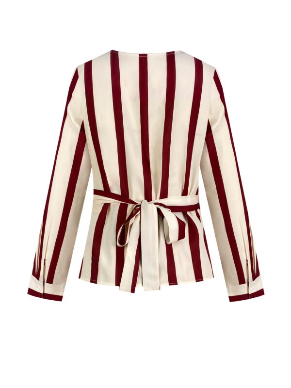 Women's Chic Striped V-Neck Blouse with Lace-Up Detail - Long Sleeve, Red & Cream Horizontal Stripes, Polyester Fabric, Perfect for Spring/Summer Commute or Casual Wear, Ladies Blouses - Image 3
