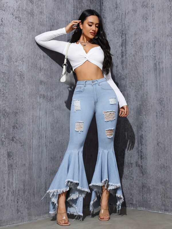 Ripped Raw Hem Flare Leg Bell Bottom Stylish Distressed Plain Washed Blue Elegant Jeans Denim Pants, Women's Denim Jeans & Clothing For Autumn - Image 9
