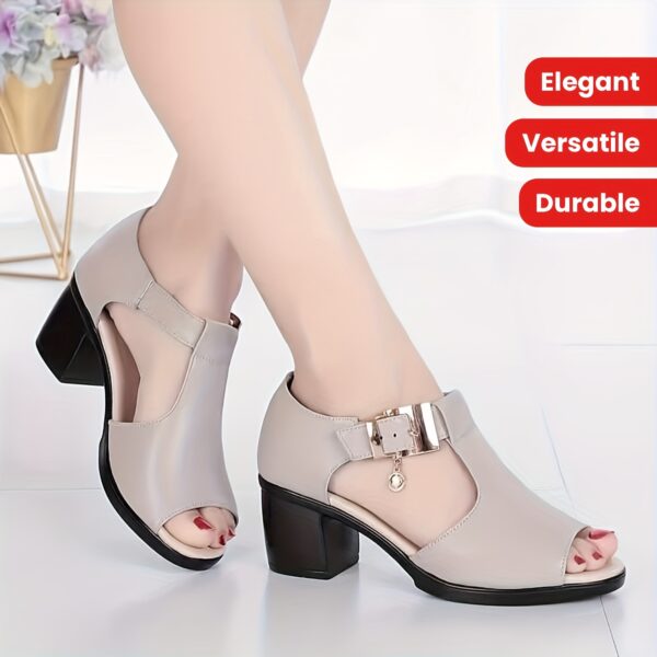Women'S Fashion Summer High Heels | Open Toe Gray Black Fish Mouth Chunky Heel Sandals with Pendant Accessory Design, Soft Lightweight Cool Roman Style Women'S Shoes Suitable for Ladies and Moms, Perfect for Commuting, Parties, and Events, Hollow Out Open Toe High Heels with Adjustable Ankle Buckle, Secure Fit, Adds Elegance to Any Look - Image 4