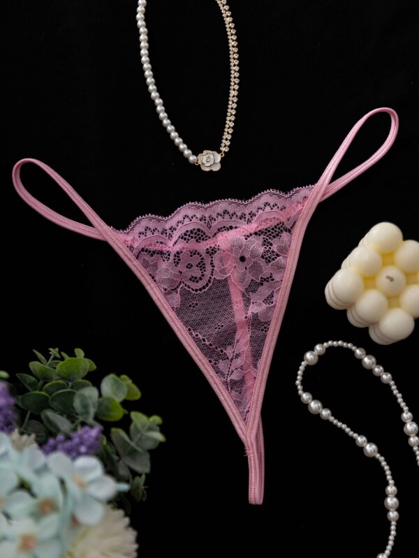 3pcs Lace Mesh Lingerie Set for Women - Sexy Pink Hollow-Out Sheer Sleepwear with Contrast Lace Trim, Knit Fabric, Solid Color, Adult Intimate Apparel - Image 5