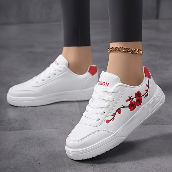 Women'S Floral Embroidered White Sneakers - Low-Top Lace-Up Casual Shoes with Pink Accents, Breathable Fabric Lining & Cushioned PHYLON Sole for All-Season Comfort, Running, Travel, Casual Attire, Ladies Sneakers, Travel Footwear, Elegant Footwear, Durable Footwear - Image 6