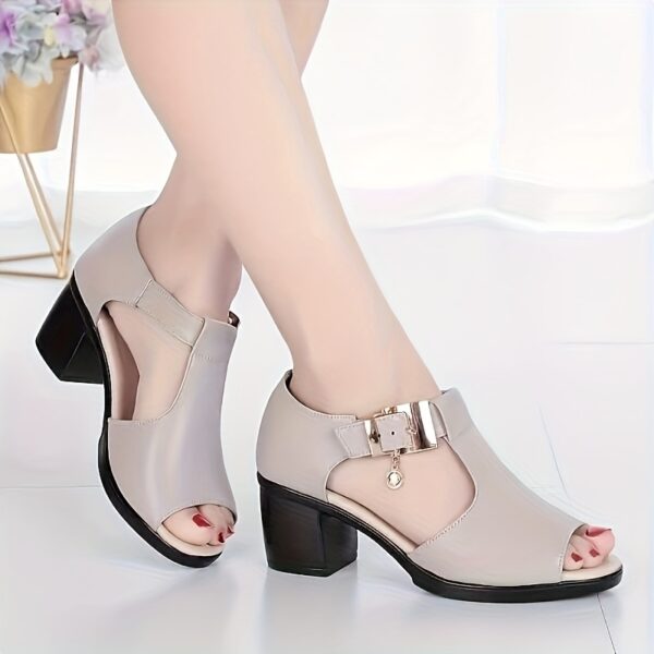 Women'S Fashion Summer High Heels | Open Toe Gray Black Fish Mouth Chunky Heel Sandals with Pendant Accessory Design, Soft Lightweight Cool Roman Style Women'S Shoes Suitable for Ladies and Moms, Perfect for Commuting, Parties, and Events, Hollow Out Open Toe High Heels with Adjustable Ankle Buckle, Secure Fit, Adds Elegance to Any Look - Image 7