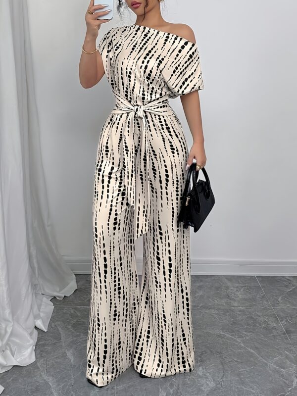 Women'S Bohemian Print Off-Shoulder Jumpsuit with Tie Waist - Elegant Polyester, All-Season, Casual to Formal Attire, Casual Attire|Bohemian Style|Polyester Fabric