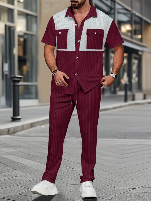 Men's Summer Two-Piece Set, Waffle Fabric Contrast Color with Pockets Short-Sleeved Shirt + Casual Trousers Suit, Leisure Light Business Vacation Daily Multiple Scenes - Image 2