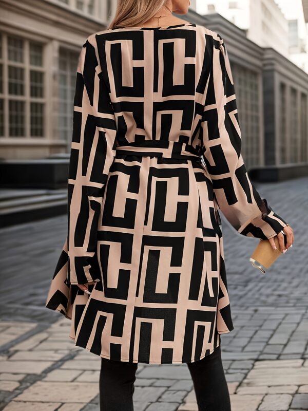Elegant Women'S Geometric Print Long Sleeve Blouse with Tie-Waist Detail - Front Short, Back Long Design, Black & White, Perfect for Spring/Summer, Casual to Formal Wear, Casual Wear Blouse | Geometric Print Top | Polyester Fabric - Image 2