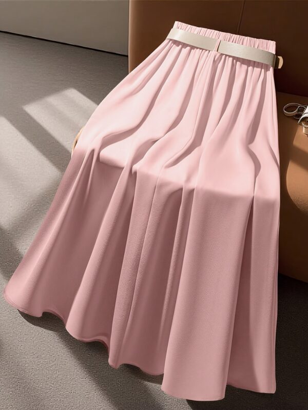 Women's Elegant Belted A-Line Midi Skirt - Adjustable Waist with Decorative Buckle, Flared Hem, Solid Color, Machine Washable for Spring Summer Fall, Casual Chic Wear, Smooth Fabric Finish - Image 8