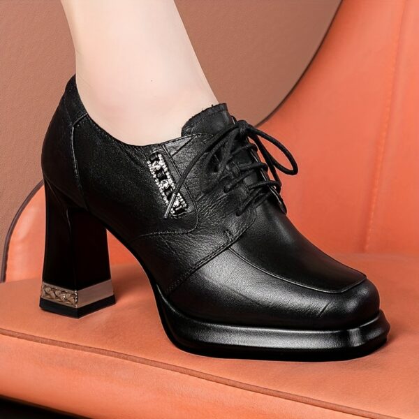 Women'S Square Toe Chunky Heel Platform Pumps - Soft Synthetic Cover Lace-Up Shoes with Thick Sole for All-Day Comfort, Black, Versatile for Casual & Formal Outfits, Comfortable Heels, Durable Rubber Sole - Image 3