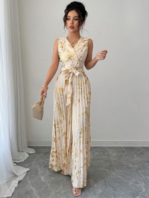 Elegant Sleeveless Geometric Print Jumpsuit with Waist Tie - Long, Button-Up Dress for Women, Perfect for All Seasons, Stylish Adult Fashion, Elegant Attire | Geometric Print Jumpsuit | Waist Tie Detail - Image 5