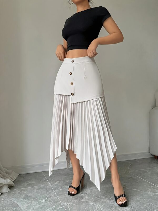 Elegant High-Waisted Asymmetrical Ruffled Hem Skirt with Front Button Detail, Non-Sheer Polyester Fabric, Perfect for Spring/Summer Women’s Fashion, Semiformal Attire | Elegant Apparel | Stylish Skirt - Image 4