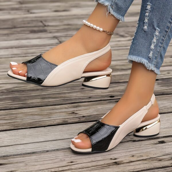 Women's Stylish Open Toe Sandals - Black & Crocodile Pattern Chunky Heel Shoes, Mid-Height Summer Casual Wear with Rubber Sole, Strappy Sandals - Image 25