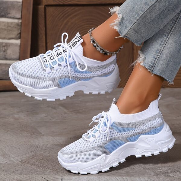 Women's Fashion Breathable Mesh Sneakers - Comfortable Low-Top Casual Lace-Up, Thick Sole Sneakers in Black/White, Beige/Grey, and Blue/Pink, Geometric Pattern, All-Season Wear - Image 4