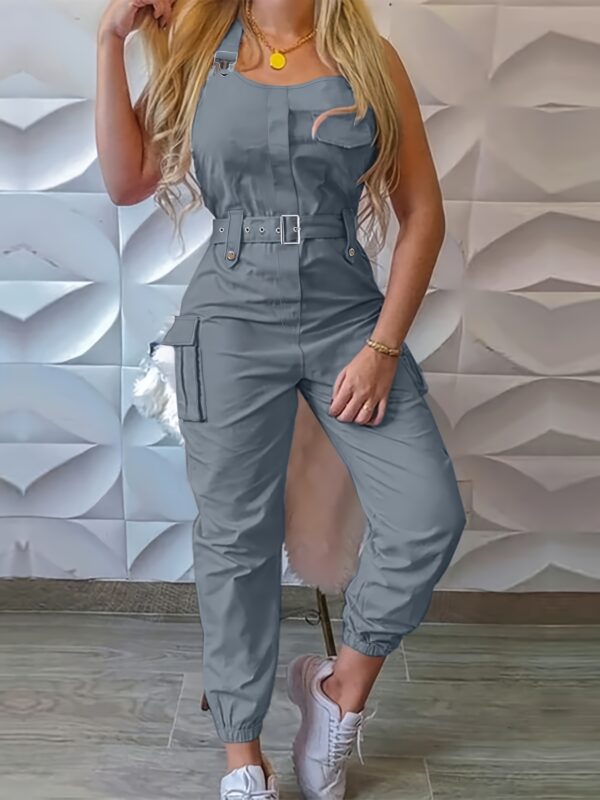 Solid Flap Pocket Cargo Jumpsuit, Casual Sleeveless Belted Flap Detail Jumpsuit, Women's Clothing - Image 10