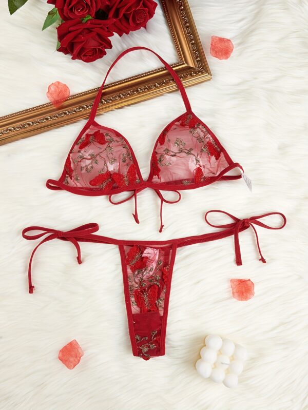 Y975 Butterfly Embroidery Mesh Lingerie Set - Sexy Drop Waist Thong with Golden & White Butterfly Design, Light Support, No Padding, Adult Women'S Fashion, Elegant Lingerie|Butterfly Print|Elastic Fabric - Image 4