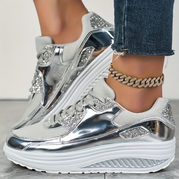 Stylish Women's Casual Sneakers with Golden Glitter Accents - Lightweight Synthetic Leather Platform Running Shoes for All Seasons, Comfortable Fabric Lining, Perfect for Casual Attire and Light Exercise - Image 2