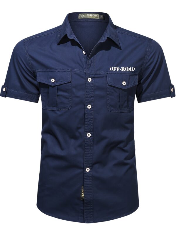 Men'S Cotton Solid Short Sleeve Shirt, Casual Lapel Collar Button Up Top with Multi Pockets, Summer Outdoor Leisure Wear - Image 5