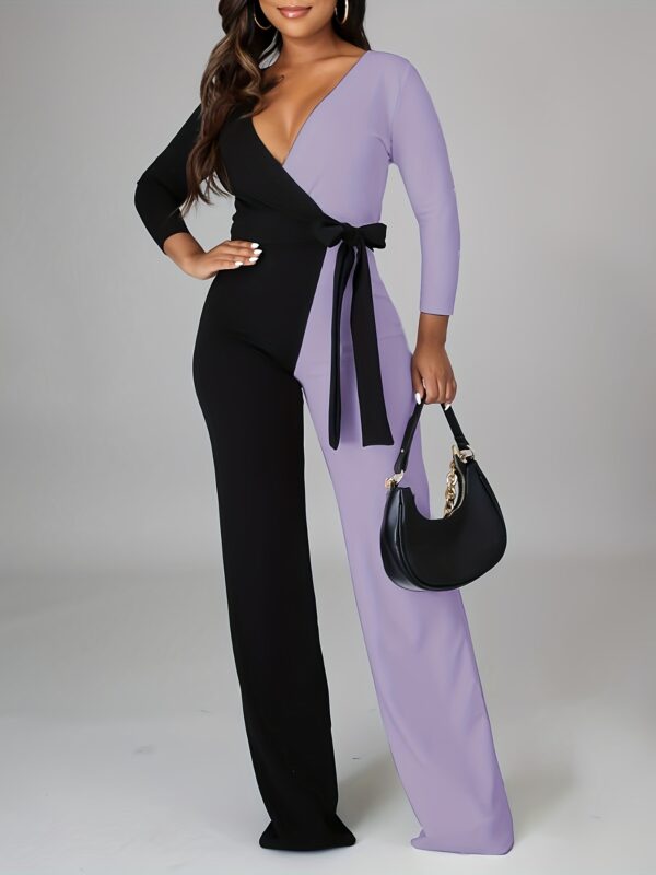 Women's Elegant Long Sleeve V-Neck Color-Block Jumpsuit - Adjustable Tie Waist Wide-Leg Romper, Black to Yellow Ombre, Machine Washable All-Season Vacation & Casual Outfit, Ladies Rompers And Jumpsuits, Sophisticated Design - Image 15