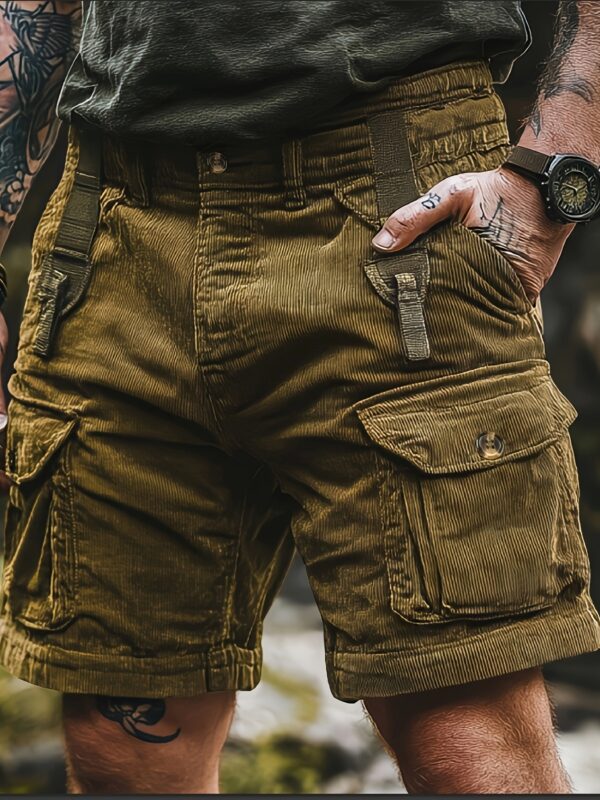 Men'S Corduroy Cargo Shorts with Multiple Pockets - Olive Green, Comfortable & Breathable, Casual Style, Mid-Rise, Perfect for Outdoor Activities, Casual Outdoor Shorts | Midrise Shorts | Durable Fabric Shorts - Image 2