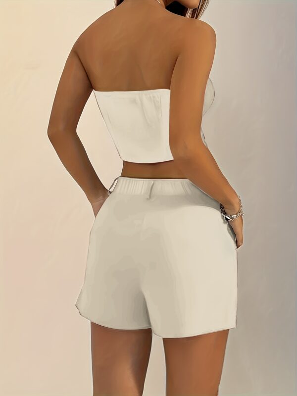 2pcs Set Off-Shoulder Crop Top + Blazer Shorts, Solid Color, Faux Pocket Detail, Polyester, Spring/Summer Collection, Women'S Fashion, Casual Attire|Sleek Shoulder Design|Polyester Fabric - Image 15