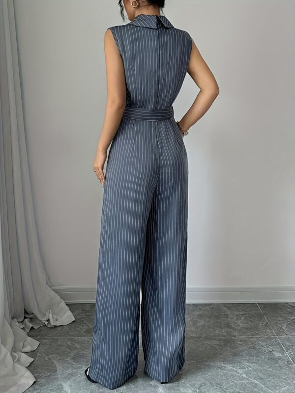Elegant Striped Sleeveless Jumpsuit for Women - V-Neck, Belted Waist, Wide-Leg Pants, Casual Yet Chic Summer Outfit, White with Black Stripes, Belted Waist Jumpsuit - Image 6