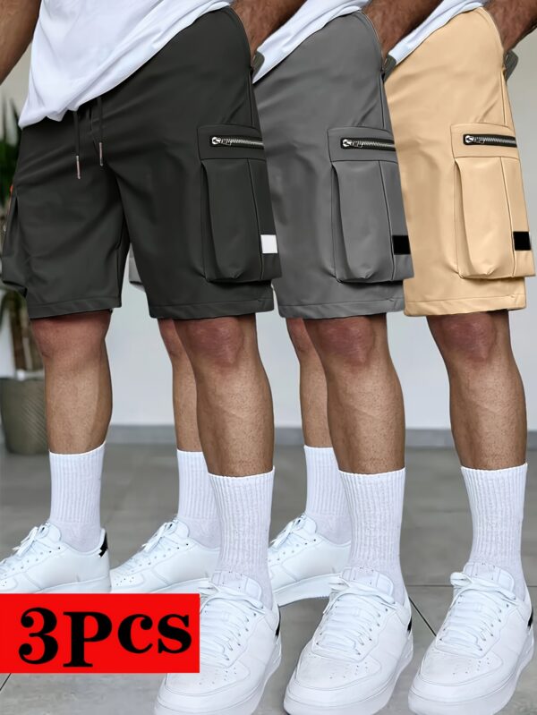 3pcs Men'S Summer Cargo Shorts Set, Loose Straight-Leg Multi-Color with Multiple Pockets, Zippered Pockets Elastic Waist Outdoor Casual Sports Shorts - Image 2