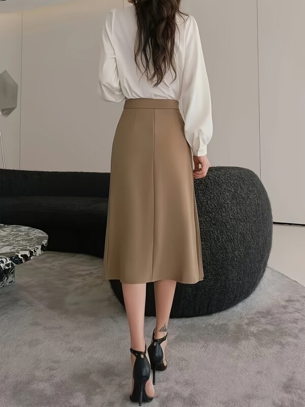 Elegant High-Waist Pleated A-Line Midi Skirt with Front Button Detail - Solid Color Beige, Flowy & Stylish for Women, Perfect for Spring/Summer/Fall, High Waisted Skirt - Image 2
