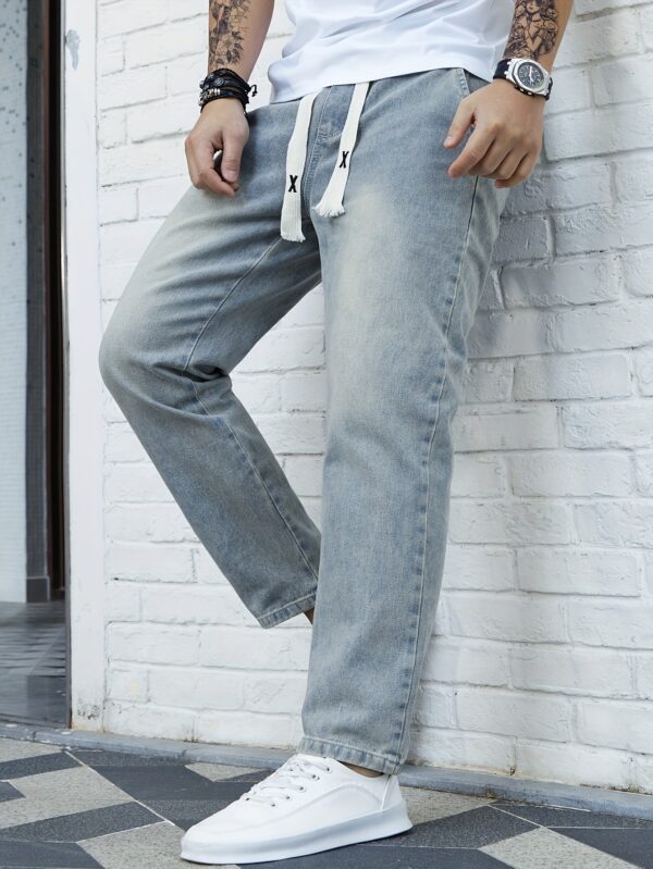 Washed Denim Trousers for Men, Spring and Autumn Trendy Brand, Loose Straight Fit with Elastic Waist and Drawstring, Versatile and Fashionable, Japanese Style, Casual Nine-Fifth Trousers for Spring, Gengyuanshi - Image 3