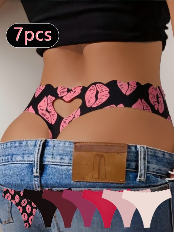 7pcs Women's Seamless Thong Panties - Ice Sliky Fiber Fabric, Breathable & Comfortable, Sexy Cut-Out Heart Design, Solid Color, Hand Wash Only, All-Season Casual Attire, Comfortable Lingerie, Fashionable Underwear, Comfortable Fit