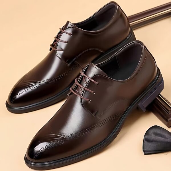 Elegant Brown Dress Shoes for Men - High-Quality Lace-Up Oxfords with Perforated Toe Box, Perfect for Business, Wedding, and Party Attire, All-Season Comfort, Formal Footwear | Elegant Shoe Design | Durable Footwear