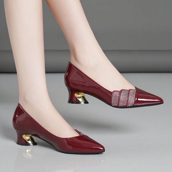 Women's Burgundy Pointed-Toe Block Heel Pumps - Comfortable Mid-Heel Dress Shoes with Decorative Bow Detail, Glossy Synthetic Cover & Non-Slip Rubber Sole for Autumn Office & Formal Events, High Heel Shoes, Event Footwear, Durable Grip Footwear - Image 3
