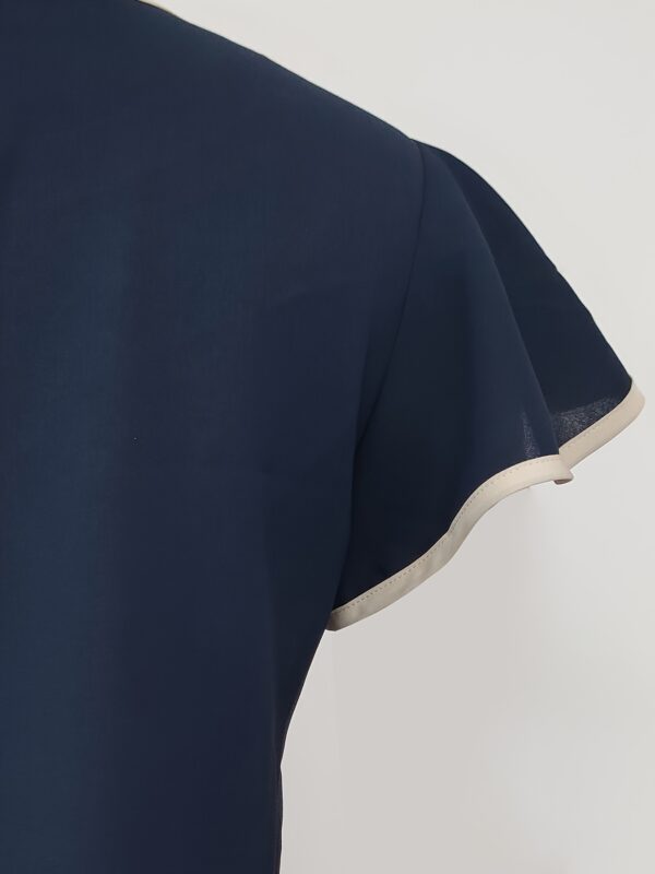 Women'S Elegant V-Neck Blouse with Contrast Trim - Chic Short Sleeve, Button-Up Shirt in Navy Blue & White Patchwork, Perfect for Summer Fashion - Image 8