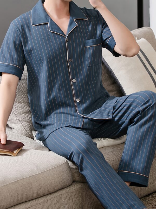 2 Pcs Men's Simple Navy Blue Stripe Print Lapel Collar Short Sleeve & Trousers Cotton Pajama Set, Comfortable & Skin-friendly Style Pajamas For Men's Cozy Loungewear - Image 2