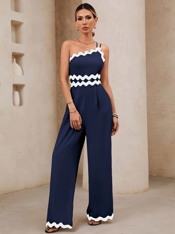 Women'S Elegant Asymmetrical Neck Sleeveless Jumpsuit with Black & White Zigzag Detail - Loose Fit, Wide Leg, Perfect for Casual Summer Weekend, Casual Summer Attire|Elegant Sleeveless Jumpsuit|Draped Fabric