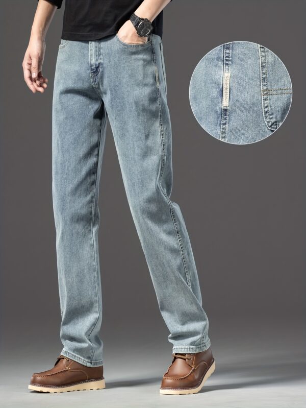 Men's Vintage Blue Loose-Fit Jeans - Classic Straight Denim with Stretch, Non-Transparent Geometric Pattern, All-Season Wear, Cotton/Elastane/Polyester Blend